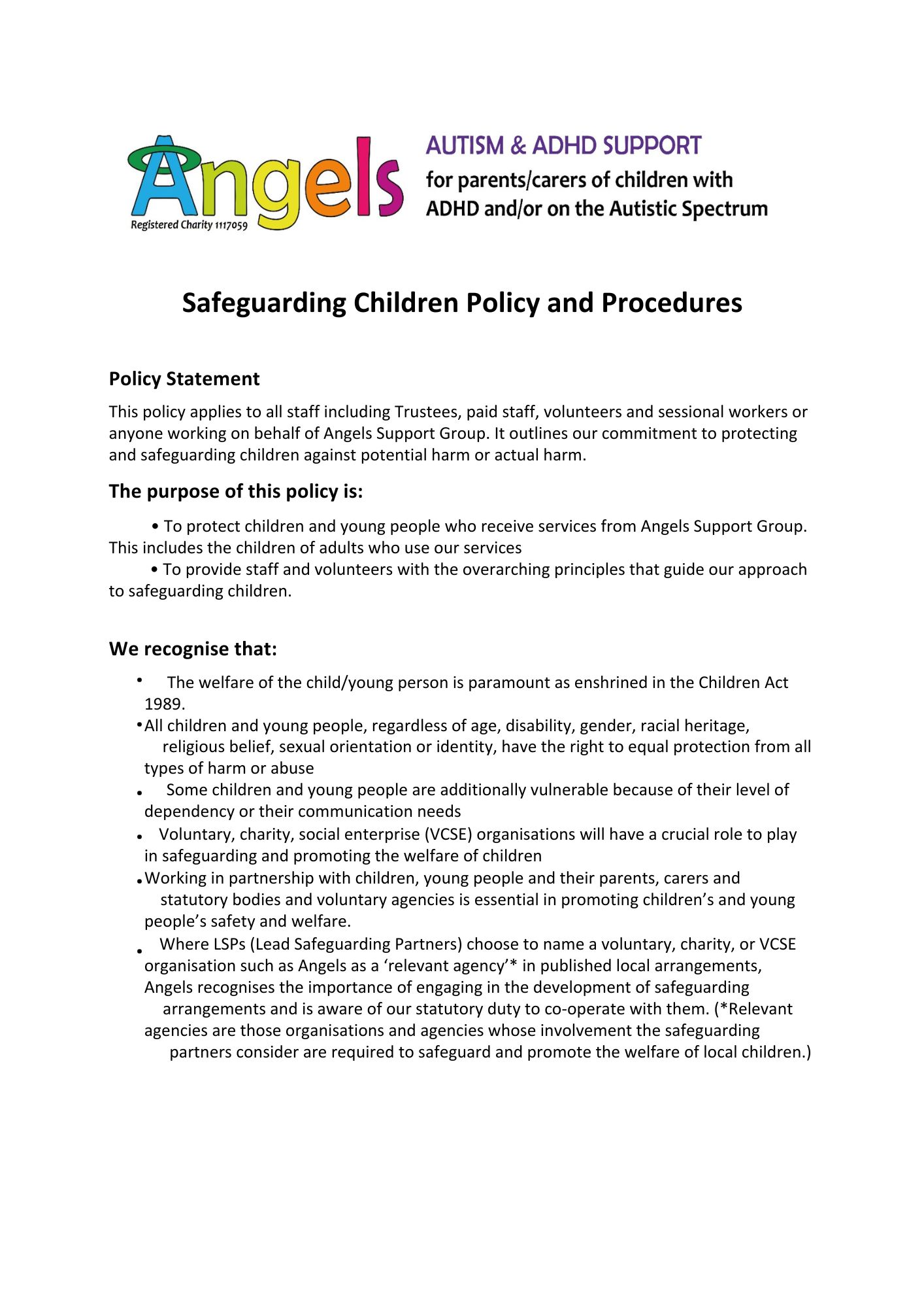 Angels Safeguarding Children Policy